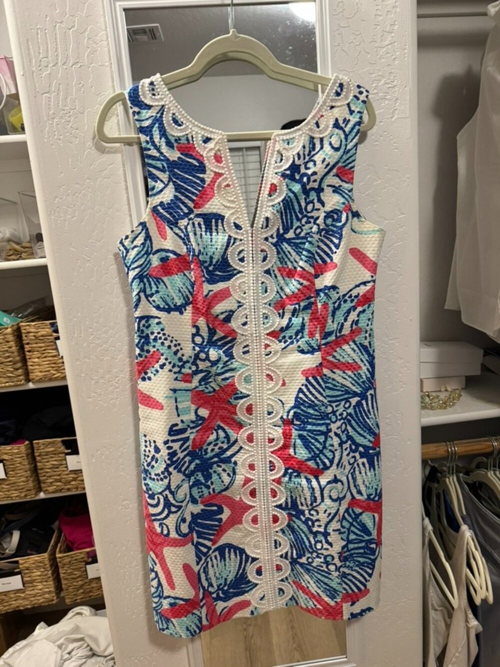 Lilly Pulitzer Shift Dress Blue Pink Starfish Print Lace Zip Front Size 8